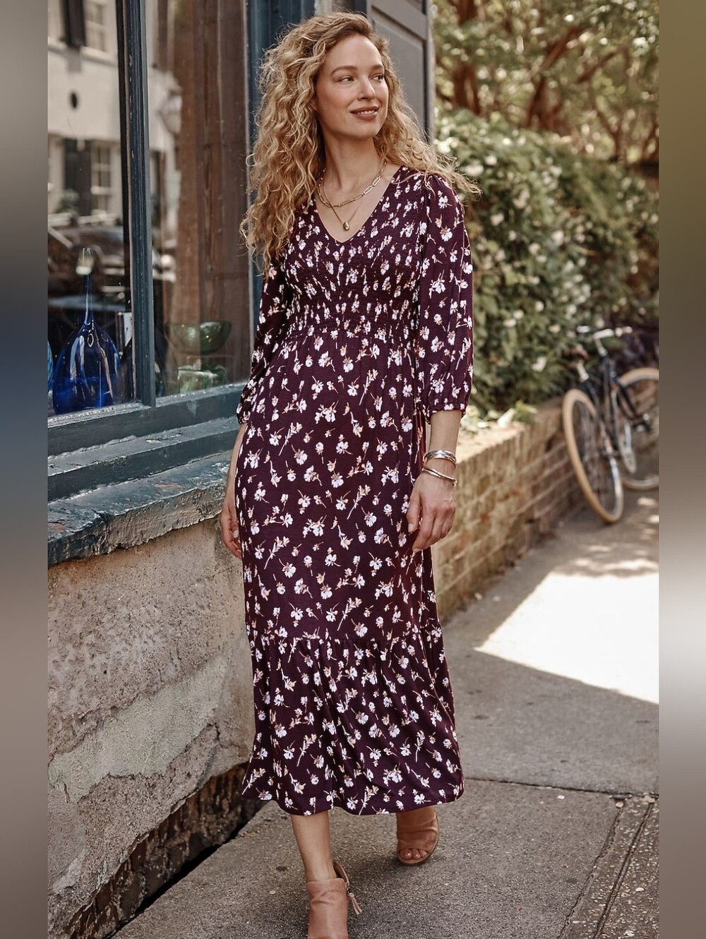J. Jill Plum Purple Floral Smocked Tiered Flounced-Hem Midi Dress Medium Petite - Picture 2 of 11
